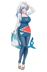 1girl absurdres aged_up alternate_breast_size alternate_costume alternate_hairstyle animal_costume apron bag barefoot blue_eyes blue_hair blush breasts cleavage denim erorange fins fish_tail gawr_gura grey_hair groceries hair_between_eyes hand_on_own_head highres holding holding_bag hololive hololive_english jeans large_breasts long_hair long_sleeves looking_at_viewer mature_female multicolored_hair open_mouth pants plastic_bag ponytail sandals shark_costume shark_girl shark_print shark_tail sharp_teeth shirt sidelocks simple_background sleeves_rolled_up solo spring_onion tail teeth virtual_youtuber white_background white_shirt