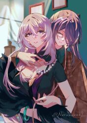 2girls acheron_(honkai:_star_rail) artist_name bespectacled black_shirt black_swan_(honkai:_star_rail) breasts collared_shirt commentary corrupted_twitter_file english_commentary glasses hair_over_one_eye highres honkai:_star_rail honkai_(series) jewelry long_hair multiple_girls naruuuuuu9 necklace parted_lips pearl_necklace purple_eyes shirt tape_measure window_blinds yuri