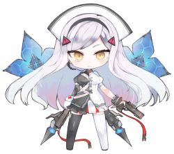 asymmetrical_legwear asymmetrical_sleeves black_dress black_lilith black_thighhighs breasts brown_eyes chibi closed_mouth commentary_request dress full_body gun hair_ornament hat holding holding_gun holding_weapon kotatu_(akaki01aoki00) last_origin long_hair long_sleeves looking_at_viewer medium_breasts mismatched_legwear nurse_cap puffy_short_sleeves puffy_sleeves short_sleeves sign silver_hair simple_background smile solo split_theme standing swept_bangs thighhighs two-tone_dress uneven_sleeves v-shaped_eyebrows very_long_hair warning_sign weapon white_background white_dress white_hat white_thighhighs