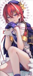 1girl ange_katrina bare_legs beret blue_cape blue_eyes blue_gloves blue_hat blue_shorts cape colored_lapels crossed_bangs crown_hat_ornament eyelashes feet_out_of_frame glove_ribbon gloves gold_trim hair_between_eyes hair_intakes hair_ornament half-closed_eyes half_gloves halo halo_behind_head hands_up hashtag-only_commentary hat highres idol_clothes inaeda_kei interlocked_fingers jacket knee_up long_bangs looking_at_viewer medium_hair multicolored_hair neck_ribbon nijisanji open_mouth own_hands_together red_hair red_ribbon ribbon sanbaka_anniversary_outfit short_sleeves shorts single_wrist_cuff sitting smile solo streaked_hair string_around_finger teeth triangle_hair_ornament twitter_username two-tone_hair virtual_youtuber white_background white_hair white_jacket white_wrist_cuffs wrist_cuffs wrist_ribbon