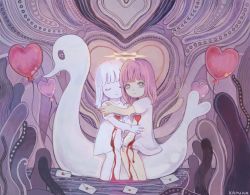 2girls abstract artist_name balloon bird blood closed_eyes dress heart heart-shaped_pupils highres kapura letter medium_hair multiple_girls original pink_hair short_sleeves signature swan symbol-shaped_pupils white_dress