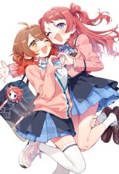 2girls ;d absurdres ahoge bag bag_charm black_overskirt blue_ribbon blue_skirt blush brown_hair cardigan character_charm charm_(object) commentary gakuen_idolmaster hanami_saki hanami_ume hatsuboshi_gakuen_school_uniform heart heart_hands heart_hands_duo highres idolmaster jacket kunikune lifting_person loafers looking_at_viewer multiple_girls neck_ribbon one_eye_closed open_mouth orange_hair pink_cardigan pink_jacket pleated_skirt ribbon school_bag school_uniform shirt shoes siblings simple_background sisters skirt smile sneakers socks standing standing_on_one_leg thighhighs white_background white_shirt white_socks white_thighhighs
