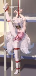 1girl absurdres amadeus_frost animal_ear_fluff animal_ears armpits ball_gag bare_shoulders bdsm blindfold blue_eyes blue_hair bondage bound bound_arms breasts egg_vibrator fox_ears fox_tail gag gagged highres kitsune kyuubi leotard long_hair looking_at_viewer multicolored_hair multiple_tails original pantyhose pink_leotard restrained sex_toy shibari shibari_over_clothes small_breasts solo split standing standing_on_one_leg standing_split streaked_hair sweat tail very_long_hair vibrator white_hair white_pantyhose wiffle_gag