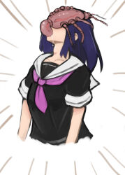 1boy 1girl bestiality black_hair bug clothed_sex deepthroat fellatio interspecies looking_at_viewer medium_hair monster open_mouth oral original school_uniform simple_background size_difference white_background