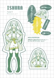 1girl belt boots chickenz_girl copyright_name dress hands_on_own_hips highres hood hood_down ishura kia_the_world_word long_sleeves merchandise monochrome multiple_expressions multiple_views one_eye_closed open_mouth outline patterned_background robe simple_background smile solo spot_color twintails twitter_username white_background