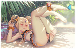 1girl abigail_williams_(fate) alphonse_(white_datura) barefoot blonde_hair bug butterfly clothing_aside fate/grand_order fate_(series) feet heart heart-shaped_pupils highres insect light_blush long_hair looking_at_viewer lying on_back open_mouth pussy red_eyes spread_pussy swimsuit swimsuit_aside symbol-shaped_pupils toes