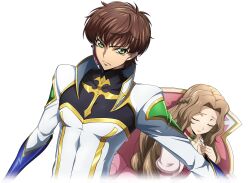 Rule 34 | 1boy, 1girl, arm at side, artist request, blue gloves, bodysuit, braid, brown hair, chair, choker, closed eyes, closed mouth, code geass, code geass: lost stories, collarbone, covered collarbone, cropped torso, dutch angle, earpiece, game cg, gloves, gold trim, green eyes, hair intakes, half up braid, hands up, high collar, kururugi suzaku, long hair, looking at viewer, non-web source, nunnally vi britannia, official art, on chair, outstretched arm, own hands together, protecting, purple choker, raised eyebrows, serious, short hair, sidelocks, simple background, sitting, standing, transparent background, u u, upper body, v-shaped eyebrows, white bodysuit