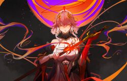 1girl absurdres bare_shoulders breasts changli_(wuthering_waves) closed_mouth dress gloves hair_between_eyes hair_ornament highres holding holding_weapon huipo large_breasts looking_at_viewer short_hair short_hair_with_long_locks solo weapon wuthering_waves yellow_eyes