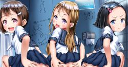 3girls ass_peek blush clothes_lift convenient_censoring embarrassed exhibitionism flat_chest from_behind graffiti higeepon loli looking_back multiple_girls naughty_face no_panties original public_indecency public_restroom sample school_uniform serafuku skirt skirt_lift tagme