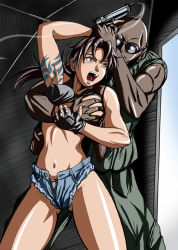 Rule 34 | 00s, 1boy, 1girl, bald, black lagoon, breasts, cutoffs, denim, denim shorts, dutch (black lagoon), grabbing another&#039;s breast, groping, gun, hetero, large breasts, revy (black lagoon), shorts, tattoo, tomizofu, weapon, you gonna get raped