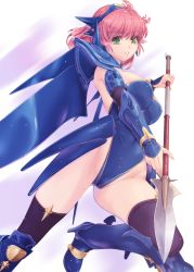 1girl armor breasts dragoon dragoon_(final_fantasy) final_fantasy final_fantasy_v green_eyes groin helmet holding holding_weapon kirishima_satoshi large_breasts lenna_charlotte_tycoon leotard looking_at_viewer pink_hair polearm short_hair simple_background solo spear square_enix thighhighs weapon white_background