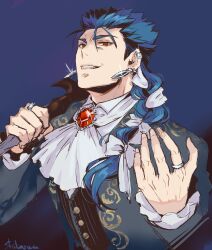 Rule 34 | 1boy, ascot, blue background, blue hair, braid, brooch, cu chulainn (caster) (fgo fes. 2025) (fate), earrings, fate/grand order, fate (series), gem, hair ribbon, highres, jacket, jewelry, long sleeves, looking at viewer, male focus, open mouth, red eyes, red gemstone, ribbon, ring, shibanui, shirt, simple background, single braid, smile, solo, upper body, white ascot