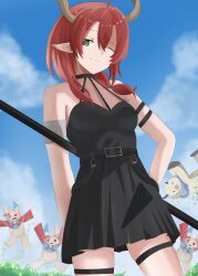 1girl ahoge arm_strap arms_behind_back belt black_choker black_dress blue_sky breasts brown_horns building choker ciaccona_(wuthering_waves) closed_mouth cloud cloudy_sky cosplay demon_girl demon_horns dress green_eyes hasegawa_ikumi highres holding holding_staff horns lazzyman medium_breasts medium_hair pointy_ears red_hair short_dress short_twintails sky smile solo sousou_no_frieren staff standing thighs twintails ubel_(sousou_no_frieren) ubel_(sousou_no_frieren)_(cosplay) voice_actor_connection wuthering_waves