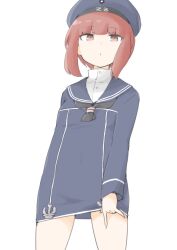 1girl :o akara_kai blush breasts brown_eyes brown_hair clothes_writing cowboy_shot dress hat highres kantai_collection long_sleeves microdress peaked_cap sailor_collar sailor_dress sailor_hat short_dress short_hair small_breasts solo white_background z3_max_schultz_(kancolle)