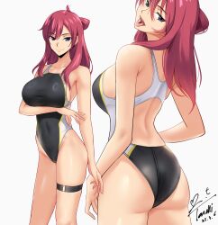 1girl absurdres arm_at_side arm_under_breasts ass bare_arms bare_shoulders breasts commentary_request commission competition_swimsuit cowboy_shot dated god_eater god_eater_2:_rage_burst highres large_breasts leah_claudius long_hair looking_at_viewer multiple_views one-piece_swimsuit paid_reward_available pixiv_commission purple_eyes racerback red_hair sideboob signature simple_background smile swimsuit thigh_strap tongue tongue_out tsurime white_background yoo_tenchi