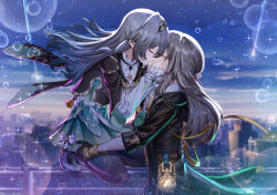 2girls absurdres aqua_dress aqua_leggings black_hairband black_jacket bubble cityscape ciyuan_gu_feng closed_eyes cloud cloudy_sky collared_dress cropped_jacket dress firefly_(honkai:_star_rail) frilled_sleeves frills gradient_eyes grey_hair hair_between_eyes hair_intakes hairband heart_bubbles highres honkai:_star_rail honkai_(series) jacket kiss long_hair long_sleeves multicolored_eyes multicolored_hair multiple_girls neckerchief on_railing orange_neckerchief railing ribbon-trimmed_dress ribbon_trim shooting_star sky sparkle star_(sky) star_(symbol) starry_sky stelle_(honkai:_star_rail) trailblazer_(honkai:_star_rail) white_sleeves