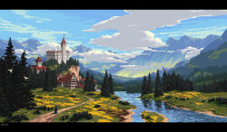 artist_name blue_sky building castle cloud day landscape letterboxed making-of_available mountainous_horizon no_humans original outdoors path philipp_urlich pine_tree pixel_art river road scenery sky tree water