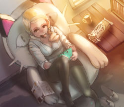 Rule 34 | 1girl, black pantyhose, blonde hair, breasts, chair, cleavage, cookie, cup, eating, female focus, food, food in mouth, from above, gen 1 pokemon, handheld game console, light, long hair, manga (object), medium breasts, meowth, milk, mouth hold, mug, nintendo, nintendo ds, npc trainer, orange eyes, pantyhose, playing games, pokemon, pokemon (creature), revision, sitting, skirt, slippers, solo, table, unworn slippers, waitress (pokemon), wizard898, working!!