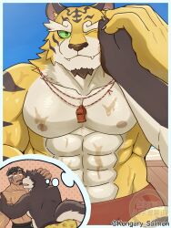 3boys abs absurdres animal_ears artist_name bara bare_pectorals beard biceps black_shorts boxers brown_fur claws closed_mouth commentary_request dog_boy dog_ears dog_tail facial_hair furry furry_male hand_on_another&#039;s_cheek hand_on_another&#039;s_face highres holding_hands kongary_salmon live_a_hero looking_at_viewer male_focus male_protagonist_(live_a_hero) male_swimwear male_underwear multiple_boys muscular muscular_male navel nipples one_eye_closed open_mouth paw_print pectorals red_male_swimwear saotome_(live_a_hero) shorts smile speech_bubble surprised tail taketora_(yasha) thought_bubble tiger_boy tiger_ears tiger_stripes topless_male underwear watermark wet whistle whistle_around_neck yasha_legends_of_the_demon_blade yellow_fur yellow_male_underwear