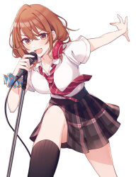 1girl :d black_skirt black_socks blue_scrunchie blush breasts collared_shirt commentary_request cover cover_image cover_page crossed_bangs diagonal-striped_clothes diagonal-striped_necktie hair_between_eyes hand_up headphones headphones_around_neck holding holding_microphone_stand kneehighs kohinata_iroha_(imouuzai) large_breasts looking_at_viewer loose_necktie medium_hair microphone_stand necktie novel_cover official_art open_mouth outstretched_arm plaid_clothes plaid_skirt pleated_skirt red_necktie school_uniform scrunchie second-party_source shirt short_sleeves simple_background skirt smile socks solo standing striped_clothes tomari_(veryberry00) tomodachi_no_imouto_ga_ore_ni_dake_uzai white_background wing_collar wrist_scrunchie