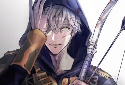 1boy arm_up arrow_(projectile) ashe_ubert belt belt_buckle blood blood_on_clothes blood_on_face blue_hoodie bow_(weapon) buckle crying crying_with_eyes_open fingernails fire_emblem fire_emblem:_three_houses freckles garreg_mach_monastery_uniform green_eyes grey_hair highres holding holding_arrow holding_weapon hood hood_up hoodie jacket long_sleeves looking_at_viewer lower_teeth_only male_focus nintendo one_eye_covered open_mouth school_uniform simple_background sleeve_cuffs solo tears teeth tsukimura_noe upper_body weapon white_background