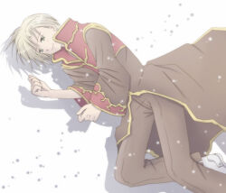 1boy asymmetrical_bangs blonde_hair brown_coat brown_pants closed_mouth coat commentary_request dated_commentary feet_out_of_frame gold_trim green_eyes grey_shoes long_sleeves looking_at_viewer lying male_focus multicolored_coat on_side pants priest_(ragnarok_online) ragnarok_online red_coat sharari shoes short_hair smile solo two-tone_coat white_background