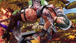1girl 3d apron ass black_hair black_leotard blood breasts butterfly_swords curvy defeat falling forest highleg highleg_leotard highres holding holding_weapon huge_ass iroha_(samurai_spirits) large_breasts leotard lips maid maid_headdress moaning nature ryona samurai_spirits screencap shiny_skin short_hair skindentation solo thighhighs third-party_edit thong_leotard weapon wide_hips