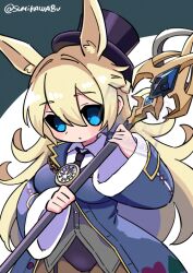 1girl black_sclera blonde_hair blue_coat blue_eyes breasts coat colored_sclera cowboy_shot grimms_echoes hair_between_eyes holding holding_staff leotard long_hair medium_breasts parted_lips playboy_bunny rabbit_ears rabbit_girl solo staff sumikawa_(sumikawa8v) twitter_username void_white_rabbit_(grimms_echoes) watermark wide_sleeves