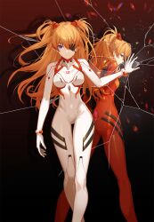 1girl ass blue_eyes bodysuit breasts broken_window brown_hair cross_akiha evangelion:_3.0+1.0_thrice_upon_a_time eyepatch gradient_background hair_between_eyes highres interface_headset_(evangelion) legs_apart long_hair looking_at_viewer mecha_pilot_suit medium_breasts multiple_views neon_genesis_evangelion plugsuit_(evangelion) rebuild_of_evangelion red_bodysuit souryuu_asuka_langley white_bodysuit