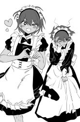 &gt;_o 2boys bow bowtie bright_pupils brothers greyscale heart heart_hands hero_(faraway)_(omori) hero_(omori) highres iomor_snuuy kel_(faraway)_(omori) kel_(omori) long_sleeves looking_at_viewer male_focus monochrome multiple_boys omori one_eye_closed open_mouth puffy_short_sleeves puffy_sleeves shoes short_hair short_sleeves siblings simple_background socks
