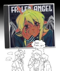 1other 2girls absurdres angel_wings antlers black_shirt blank_speech_bubble blonde_hair cd cd_case commentary deer_antlers deltarune english_commentary english_text furry furry_female goomyloid head_on_hand highres holding_cd hood hoodie horns jacket kris_(deltarune) long_hair makeup multiple_girls noelle_holiday partially_colored runny_makeup shirt speech_bubble striped_arm_warmers susie_(deltarune) thought_bubble wings