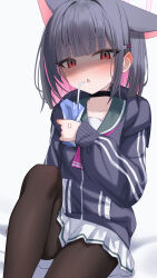 1girl absurdres anger_vein angry black_choker black_hair black_hoodie black_pantyhose blue_archive blunt_bangs blunt_ends blush choker collarbone colored_inner_animal_ears colored_inner_hair commentary cowboy_shot drinking_straw extra_ears eyelashes green_sailor_collar hair_behind_ear hair_intakes hair_ornament hairclip halo hand_up highres holding holding_milk_carton hood hood_down hoodie kazusa_(blue_archive) knee_up looking_at_viewer medium_hair milk_carton miniskirt multicolored_hair neckerchief open_mouth pantyhose pink_hair pink_halo pink_neckerchief pleated_skirt red_eyes sailor_collar school_uniform serafuku shaded_face simple_background sitting skirt solo sweatdrop symbol-only_commentary tsurime two-tone_hair wendao white_background white_skirt