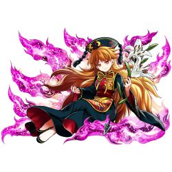 Rule 34 | 1girl, belt, black dress, black hat, black shoes, brown belt, closed mouth, crescent, crescent print, dalachi (headdress), dress, energy, fingernails, flower, full body, hands up, hat, holding, holding flower, junko (touhou), lily (flower), long fingernails, long hair, long sleeves, looking at viewer, mandarin collar, neck ribbon, official art, orange hair, phoenix print, pom pom (clothes), red dress, red eyes, red nails, red tabard, ribbon, shoes, sitting, smile, socha, solo, tabard, tassel, touhou, touhou danmaku kagura, transparent background, two-sided dress, two-sided fabric, wavy hair, white flower, wide sleeves, yellow ribbon