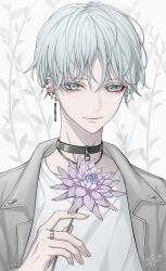 1boy antenna_hair black_choker choker closed_mouth collarbone colored_eyelashes commentary_request ear_piercing earclip earrings flower flower_request green_eyes grey_background grey_hair grey_jacket hair_between_eyes highres holding holding_flower jacket jewelry light_smile looking_at_viewer male_focus multiple_earrings open_clothes open_jacket original piercing purple_flower ring saijou_yurika shirt short_hair signature solo t-shirt upper_body very_short_hair white_shirt