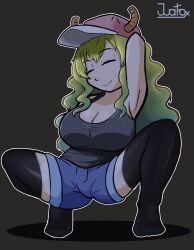 Rule 34 | 1girl, absurdres, black tank top, blonde hair, breasts, closed eyes, commentary, dragon girl, dragon horns, gradient hair, green hair, hat, highres, horns, huge breasts, juatrox, kobayashi-san chi no maidragon, large breasts, long hair, lucoa (maidragon), multicolored hair, pink hat, smile, solo, tank top