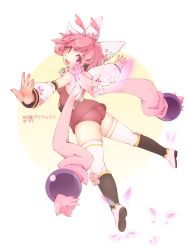 1girl antenna_hair ass bare_shoulders blush boots bow breasts butterfly_kunoichi_rinpui detached_sleeves deto female_focus from_behind hair_bow hair_tubes highres leotard looking_at_viewer looking_back ninja open_mouth pink_eyes pink_hair scarf shiny_skin short_hair sideboob smile solo thighhighs white_cat_project