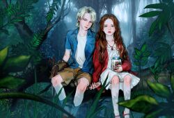 1boy 1girl aged_down avengers:_age_of_ultron avengers_(series) bag black_socks blonde_hair blue_eyes blue_shirt branch breast_pocket brother_and_sister brown_bag brown_hair brown_shoes brown_shorts buttons candy child closed_mouth collared_shirt day dress fingernails food full_body gem green_eyes holding holding_hands holding_jar jacket jar jewelry juneseo jungle leaf long_hair long_sleeves looking_at_viewer marvel marvel_cinematic_universe nature necklace open_clothes open_jacket open_shirt outdoors pietro_maximoff pocket puffy_long_sleeves puffy_sleeves rattle red_gemstone red_jacket red_shoes shirt shoes short_hair short_sleeves shorts siblings sidelocks sitting sky socks t-shirt teeth tree wanda_maximoff wavy_hair white_dress white_shirt white_sky white_socks