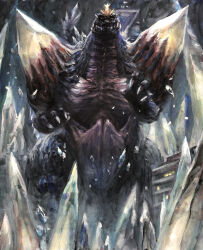 Rule 34 | absurdres, alien, city, claws, crest, crystal, crystal fortress, dinosaur, floating, floating object, fukuoka (city), fukuoka tower, g.n.a, giant, giant monster, glowing, glowing crest, glowing crystal, glowing eyes, godzilla (series), godzilla vs. spacegodzilla, highres, kaiju, levitation, looking at viewer, looking down, monster, no humans, real world location, red eyes, shoulder spikes, space monster, spacegodzilla, spiked tail, spikes, tail, toho, tusks