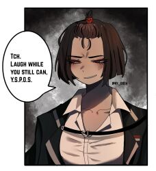 1girl anger_vein bangs_pinned_back black_hair black_jacket bob_cut collared_shirt grin highres jacket jacket_on_shoulders lapels limbus_company notched_lapels ny_000a project_moon ryoshu_(project_moon) shirt short_hair smile solo white_shirt