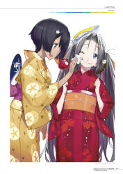 2girls 5pb. airi_(robotics;notes) animal_print antenna_hair banana black_hair blue_eyes breasts brown_eyes brown_hair candy_apple check_clothing chocolate_banana clothing_request crumbs daitoku_junna dark-skinned_female dark_skin eating festival fish_print flat_chest floral_print flower food food_on_face fruit fukuda_tomonori grey_hair hair_between_eyes hair_flower hair_ornament head_tilt highres holding holding_candy_apple holding_food holding_napkin japanese_clothes kimono long_hair looking_at_viewer multiple_girls obi official_art one_eye_closed open_mouth orange_sash petals purple_sash red_kimono robotics;notes sash short_hair simple_background small_breasts smile starfish_print summer_festival tan teeth tongue twintails upper_teeth_only very_long_hair waist_sash white_background wide_sleeves wiping_face yellow_kimono yukata
