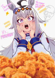 1girl absurdres ahoge animal_ears blurry blurry_foreground chicken_(food) ear_ornament english_text food fried_chicken fukou grey_hair hair_ornament hands_on_own_cheeks hands_on_own_face highres horse_ears horse_girl kfc looking_at_viewer multicolored_hair oguri_cap_(umamusume) open_mouth sailor_collar sailor_shirt shirt solo umamusume white_background white_shirt