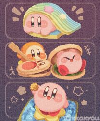 Rule 34 | +++, :d, blue eyes, blush stickers, brown eyes, closed eyes, commentary request, food, highres, in food, kirby, kirby (series), monaka (food), nintendo, no humans, notice lines, open mouth, purple background, signature, smile, star (symbol), tokkakyou, waddle dee, wagashi