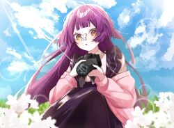 1girl blue_sky blurry blurry_foreground camera cloud cloudy_sky day depth_of_field dress flower highres holding holding_camera long_hair long_sleeves looking_at_viewer nekoashi_tsubomi nogiro_(usa_ru) open_mouth outdoors parted_lips purple_hair sitting sky solo very_long_hair white_flower world_dai_star