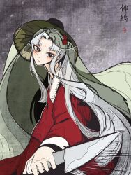 Rule 34 | 1girl, alternate costume, buddhist nun, collared shirt, dress, facial mark, forehead mark, hair bobbles, hair ornament, hat, highres, holding, holding knife, jmdw2752, knife, long hair, looking at viewer, mystic square, one side up, red dress, reverse grip, shinki (touhou), shirt, solo, touhou, touhou (pc-98), very long hair