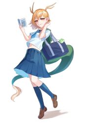 Rule 34 | 1girl, antlers, bag, bag charm, blonde hair, blue bag, blue sailor collar, blue skirt, blue socks, blush, book, brown footwear, carrying bag, charm (object), closed mouth, dragon girl, dragon horns, dragon tail, full body, fur-tipped tail, green scales, green tail, highres, holding, holding book, horns, kicchou yachie, looking at viewer, midriff, monster girl, nano popo02, navel, open book, otter, pleated skirt, reading, red eyes, sailor collar, school bag, school uniform, shirt, short hair, short sleeves, shoulder bag, simple background, skirt, smile, socks, solo, tail, touhou, turtle shell, white background, white shirt, yellow horns