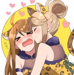 Rule 34 | &gt; &lt;, 2girls, ahoge, animal ears, animal print, armband, back bow, bare shoulders, blush, border, bow, breasts, brown hair, closed eyes, dot nose, dress, ears down, embarrassed, facing another, fang, flying sweatdrops, fur collar, furrowed brow, gaogao leopard (idolmaster), green bow, hair bun, heart, highres, idolmaster, idolmaster million live!, idolmaster million live! theater days, leopard ears, leopard print, leopard tail, long hair, medium breasts, multiple girls, nuzzle, open mouth, purple armband, purple trim, round border, see-through clothes, see-through dress, sidelocks, simple background, skin fang, smile, soeji, strapless, strapless dress, sweatdrop, swept bangs, tail, tenkuubashi tomoka, tokoro megumi, upper body, wavy mouth, white border, yellow background, yellow dress, yuri