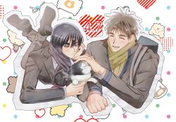2boys :t absurdres animal bag black_hair black_scarf black_shoes brown_hair closed_eyes closed_mouth commentary_request dated dog grey_jacket grey_pants hanamiya_makoto hand_on_own_face head_rest heart highres holding holding_animal holding_dog jacket jjuggu47 kiyoshi_teppei kuroko_no_basuke lapels layered_sleeves long_sleeves lying male_focus multiple_boys notched_lapels on_stomach pants petting pillow polka_dot scarf shoes shoulder_bag suit_jacket tetsuya_ni_gou thick_eyebrows yellow_scarf