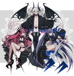 3girls absurdres baobhan_sith_(fate) baobhan_sith_(second_ascension)_(fate) blue_eyes boots breasts demon_horns demon_wings fang fate/grand_order fate_(series) fingernails green_eyes grey_eyes grey_hair hair_ribbon highres horns knee_spikes lilith_(fate) lilith_(second_ascension)_(fate) long_hair medium_breasts meltryllis_(fate) multiple_girls navel pink_hair pointy_ears purple_hair ribbon sharp_fingernails skin_fang sleeves_past_fingers sleeves_past_wrists stomach_tattoo tattoo thigh_boots tokumori_ramen trait_connection twintails twitter_username very_long_hair wings score:5 rating:sensitive Rule 34 | 3girls, absurdres, baobhan sith (fate), baobhan sith (second ascension) (fate), blue eyes, boots, breasts, demon horns, demon wings, fang, fate/grand order, fate (series), fingernails, green eyes, grey eyes, grey hair, hair ribbon, highres, horns, knee spikes, lilith (fate), lilith (second ascension) (fate), long hair, medium breasts, meltryllis (fate), multiple girls, navel, pink hair, pointy ears, purple hair, ribbon, sharp fingernails, skin fang, sleeves past fingers, sleeves past wrists, stomach tattoo, tattoo, thigh boots, tokumori ramen, trait connection, twintails, twitter username, very long hair, wings