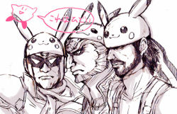 3boys captain_falcon cosplay creatures_(company) f-zero facial_hair game_freak ganondorf gen_1_pokemon hat kirby kirby_(series) lowres male_focus metal_gear_(series) metal_gear_solid monochrome multiple_boys nintendo pikachu pikachu_(cosplay) pokemon purple_theme scarf solid_snake speech_bubble super_smash_bros. the_legend_of_zelda