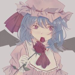 ascot bat_wings blue_hair flower gensou_getsumen_rt hat highres holding holding_flower mob_cap petal_in_mouth purple_background red_ascot red_eyes remilia_scarlet touhou wings